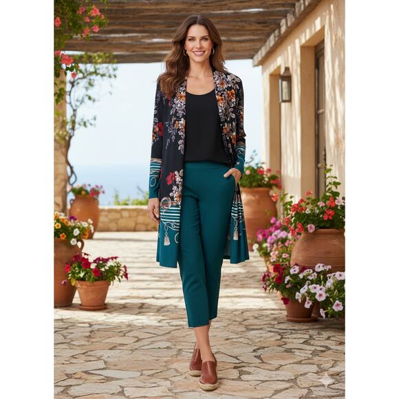 Susan Graver Womens M Liquid Knit Floral Equestrian Artsy Eclectic Open Duster - Picture 2 of 12